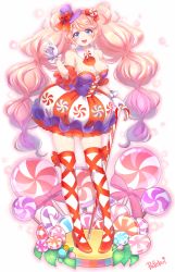 Rule 34 | 1girl, absurdres, blue eyes, breasts, candy, candy cane, cleavage, detached collar, food, food-themed hair ornament, full body, hair ornament, heart, heart-shaped pupils, highres, large breasts, lollipop, long hair, looking at viewer, magical girl, original, pafekui, pink hair, purple headwear, simple background, smile, symbol-shaped pupils, thighhighs, twintails, very long hair, wavy hair, white background