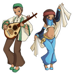 Rule 34 | arabian clothes, bard (fft), belly dancer, brother and sister, brown eyes, brown hair, class change, dancer (fft), dark skin, detached sleeves, final fantasy, final fantasy tactics, headband, instrument, lute (instrument), marach galthena, midriff, rapha galthena, scarf, shawl, short hair, siblings, simple background, tun, veil
