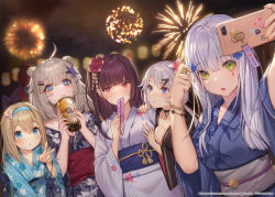 Rule 34 | 5girls, 9a-91 (girls&#039; frontline), aa-12 (girls&#039; frontline), adjusting hair, ahoge, alternate costume, bandaid, bandaid on face, blonde hair, blue eyes, blue hairband, blush, bubble tea, cellphone, covering own mouth, cup, drinking, drinking straw, fireworks, flower, girls&#039; frontline, green eyes, hair bun, hair flower, hair ornament, hairband, hairclip, highres, hk416 (girls&#039; frontline), japanese clothes, kimono, long hair, looking at viewer, multiple girls, official alternate costume, official art, phone, purple hair, selfie, silver hair, single hair bun, suomi (girls&#039; frontline), v, wa2000 (girls&#039; frontline), whoisshe, yukata