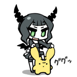 Rule 34 | 10s, 1girl, black rock shooter, blunt bangs, chan co, chibi, dead master, eyebrows, full body, green eyes, horns, long sleeves, original, simple background, solo, standing, white background, wooser (character), wooser no sono higurashi