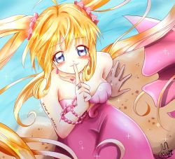 Rule 34 | 00s, 1girl, beach, blonde hair, blue eyes, highres, jewelry, long hair, looking at viewer, mermaid, mermaid melody pichi pichi pitch, monster girl, nanami lucia, necklace, pink tail, sitting