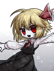 Rule 34 | 1257mythos (1257kagome), 1girl, ascot, black skirt, black vest, blonde hair, collared shirt, commentary, cowboy shot, frilled shirt collar, frills, gradient background, grey background, hair between eyes, highres, medium hair, open mouth, red ascot, red eyes, rumia, shirt, simple background, skirt, solo, symbol-only commentary, t-pose, teeth, touhou, vest, white background, white shirt