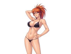 Rule 34 | 1girl, bikini, breasts, cara the blood lord, hand on own hip, kagami hirotaka, kamimura azuma, large breasts, lilith-soft, looking at viewer, orange hair, ponytail, red hair, simple background, solo, swimsuit, white background
