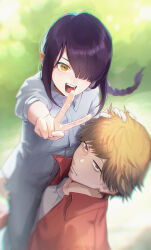 Rule 34 | 1boy, 1girl, absurdres, black hair, braid, braided ponytail, carrying, carrying person, chainsaw man, collared dress, day, denji (chainsaw man), dress, grey shirt, hair over one eye, highres, nayuta (chainsaw man), open mouth, orange hair, outdoors, outstretched arm, red shirt, ringed eyes, shirt, shirushi (in), v, white dress, yellow eyes