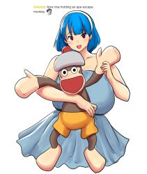 Rule 34 | 1girl, animal, blush, breasts, dress, erkaz, grey dress, hairband, highres, holding, holding animal, huge breasts, kappa (twitch.tv), looking at viewer, medium hair, monkey, open mouth, original, red eyes, rina atherina, saru getchu, simple background, twitch.tv, white background, white hairband