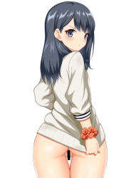 Rule 34 | 10s, 1girl, arm scrunchie, ass, bar censor, black hair, black panties, blush, bottomless, cardigan, cardigan pull, censored, closed mouth, covering privates, covering ass, cowboy shot, female focus, from behind, frown, gridman universe, long hair, long sleeves, looking at viewer, looking back, no panties, orange scrunchie, panties, purple eyes, pussy, scrunchie, simple background, solo, ssss.gridman, takarada rikka, thigh gap, thighs, toshishikisai, tug, underwear, white background, white cardigan, wide hips, wrist scrunchie