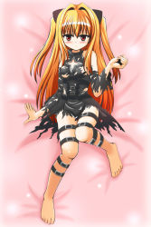 Rule 34 | 1girl, angry, bare shoulders, barefoot, blonde hair, blush, breasts, cleavage cutout, clothing cutout, dakimakura (medium), detached sleeves, full body, hair ornament, highres, konjiki no yami, leather, leg belt, long hair, panties, red eyes, skirt, small breasts, solo, takoyaki shoujo, thigh strap, to love-ru, torn clothes, twintails, two side up, underwear, very long hair, white panties