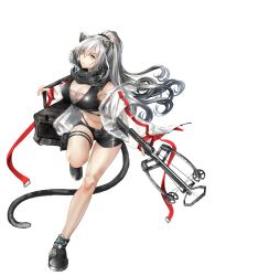 Rule 34 | 1girl, absurdres, animal ears, arknights, bag, bare legs, bare shoulders, black footwear, black shorts, bow (weapon), breasts, cat ears, cleavage, commentary, crop top, crossbow, full body, hair between eyes, highres, holding, holding crossbow, holding weapon, infection monitor (arknights), jacket, kuromu, large breasts, long hair, long sleeves, looking at viewer, material growth, midriff, navel, off shoulder, open clothes, open jacket, oripathy lesion (arknights), ponytail, schwarz (arknights), shoes, short shorts, shorts, silver hair, simple background, solo, stomach, thigh strap, thighs, transparent background, weapon, white background, white jacket, yellow eyes