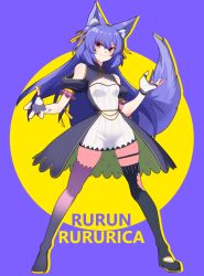 Rule 34 | .live, 1girl, animal ears, breasts, character name, commentary request, fingerless gloves, full body, gloves, hair between eyes, hair ornament, highres, looking at viewer, purple hair, rune (ru-nn), rurun rururica, simple background, small breasts, tail, thighhighs, virtual youtuber, wolf ears, wolf tail, yellow eyes