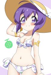 Rule 34 | 1girl, absurdres, bikini, blush, breasts, closed mouth, collarbone, earrings, floral print, hat, highres, hr-p, jashin-chan dropkick, jewelry, looking at viewer, medusa (jashin-chan dropkick), navel, purple eyes, purple hair, short hair, small breasts, smile, solo, swimsuit