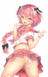 Rule 34 | 1boy, :d, ass, astolfo (fate), astolfo (sailor paladin) (fate), bare legs, black ribbon, blush, braid, commentary request, fang, fate/grand order, fate (series), from behind, from below, hair ribbon, highres, long hair, looking at viewer, looking back, male focus, midriff, neckerchief, ntk (7t5), official alternate costume, open mouth, panties, pink eyes, pink hair, pink neckerchief, pink skirt, pleated skirt, ribbon, school uniform, serafuku, shiny skin, shirt, short sleeves, simple background, single braid, skirt, smile, solo, striped clothes, striped panties, trap, underwear, upskirt, v, white background, white hair, white shirt