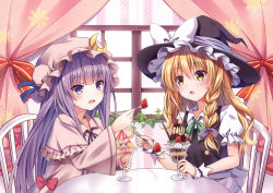 Rule 34 | 2girls, apron, blonde hair, blush, bow, braid, capelet, chair, crease, crescent, cup, curtains, food, fruit, hair bow, hair ornament, hat, hat ribbon, highres, ice cream, kirisame marisa, kure~pu, long hair, long sleeves, looking at another, mob cap, multiple girls, non-web source, open mouth, patchouli knowledge, puffy sleeves, purple eyes, purple hair, ribbon, scan, scan artifacts, shirt, short sleeves, side braid, single braid, sitting, smile, spoon, strawberry, table, touhou, vest, waist apron, wide sleeves, window, witch hat, wrist cuffs, yellow eyes