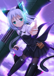 Rule 34 | 1girl, animal ears, aqua eyes, bad id, bad pixiv id, black pantyhose, blush, cat ears, cat tail, highres, hirschgeweih antennas, koi (koisan), military, military uniform, necktie, outstretched hand, pantyhose, pouch, rocket launcher, sanya v. litvyak, short hair, silver hair, skirt, sky, solo, strike witches, striker unit, tail, uniform, weapon, world witches series