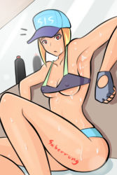 Rule 34 | 1girl, armpits, bare shoulders, bikini, blonde hair, bottle, breasts, cleavage, collarbone, food, fruit, hat, knees up, leaning on object, lemon, looking at viewer, mirror, original, outstretched arms, red eyes, saberrung, short hair, sidelocks, signature, sitting, small breasts, spread arms, sweat, swimsuit, underboob, wet