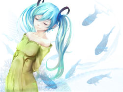 Rule 34 | dress, earrings, closed eyes, fish, hatsune miku, highres, jewelry, museum2088, smile, solo, vocaloid