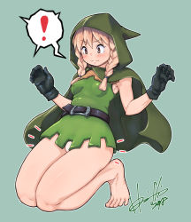 Rule 34 | !, 1girl, bare legs, barefoot, belt, blonde hair, blush, braid, breasts, cloak, commentary request, dragon&#039;s crown, elf, elf (dragon&#039;s crown), embarrassed, gloves, hood, hooded cloak, hori shin, kneeling, notice lines, panties, pointy ears, signature, small breasts, solo, twin braids, underwear, vanillaware, wavy mouth