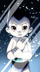 Rule 34 | 1boy, android, atom (tetsuwan atom), black hair, black shorts, brown eyes, chaimaou, commentary request, facing viewer, glass, hand on own wrist, highres, looking at viewer, looking through window, male focus, night, robot, science fiction, short hair, shorts, snowing, solo, spiked hair, tetsuwan atom
