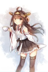 Rule 34 | 10s, 1girl, :3, absurdres, ahoge, akayan, arm behind back, bad id, bad pixiv id, bare shoulders, black skirt, brown eyes, brown hair, chromatic aberration, cowboy shot, cup, detached sleeves, double bun, frilled skirt, frills, hair bun, hairband, headgear, highres, japanese clothes, kantai collection, kongou (kancolle), lace, lace-trimmed legwear, lace trim, looking at viewer, nontraditional miko, pleated skirt, ribbon-trimmed sleeves, ribbon trim, simple background, skirt, solo, teacup, thighhighs, white background, zettai ryouiki
