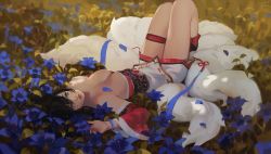 Rule 34 | 1girl, ahri (league of legends), animal ears, black hair, blue eyes, bracelet, breasts, cleavage, commentary, day, detached sleeves, english commentary, eyeshadow, facial mark, field, flower, flower field, fox ears, fox tail, full body, jewelry, korean clothes, league of legends, legs together, lips, looking up, lying, makeup, medium breasts, multiple tails, nail polish, narrow waist, on back, outdoors, petals, socks, solo, strapless, tail, whisker markings, yueko (jiayue wu)