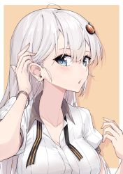 Rule 34 | 1girl, ahoge, blue eyes, blush, breasts, brown background, cleavage, collarbone, collared shirt, commentary request, dress shirt, earrings, grey hair, hair between eyes, hands up, highres, jewelry, kizuna akari, looking at viewer, medium breasts, nail polish, orange nails, parted lips, puffy short sleeves, puffy sleeves, shirt, short sleeves, solo, star (symbol), star earrings, two-tone background, upper body, voiceroid, white background, white shirt, zooanime