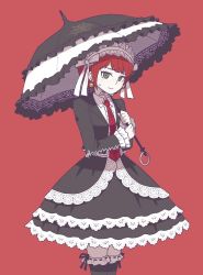 Rule 34 | 1girl, alternate hairstyle, black jacket, brown eyes, celestia ludenberg (cosplay), center frills, commentary request, cosplay, cowboy shot, danganronpa: trigger happy havoc, danganronpa (series), danganronpa 2: goodbye despair, earrings, freckles, frilled shirt, frills, gothic lolita, green eyes, hair ornament, holding, holding umbrella, jacket, jewelry, koizumi mahiru, lace, lace-trimmed skirt, lace trim, layered skirt, lolita fashion, long hair, long sleeves, looking at viewer, namu (nurui cha), necktie, open clothes, open jacket, parasol, print necktie, print neckwear, red background, ribbon, ribbon-trimmed legwear, ribbon trim, shirt, short hair, simple background, skirt, smile, solo, standing, sweat, thighhighs, umbrella