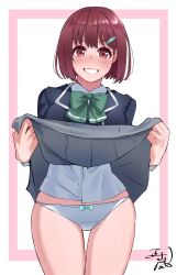 Rule 34 | 1girl, black jacket, blush, bob cut, border, bow, bow panties, bowtie, clothes lift, cowboy shot, green bow, green bowtie, hair ornament, hairclip, highres, igarashi kyouhei, jacket, lifting own clothes, looking at viewer, medium hair, megumi tsukumo (igarashi kyouhei), original, outside border, panties, pink border, red eyes, red hair, school uniform, signature, simple background, skirt, skirt lift, smile, solo, standing, underwear, white background, white panties
