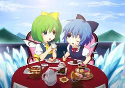 Rule 34 | 2girls, ascot, basket, blue bow, blue eyes, blue hair, blue sky, blue vest, bow, bowtie, candy, chair, cirno, cloud, cup, cupcake, daiyousei, day, doughnut, fairy wings, food, food on face, fork, futoumeido, green hair, hair bow, ice, ice wings, lake, looking at another, macaron, mountain, multiple girls, one eye closed, phonograph, plate, puffy short sleeves, puffy sleeves, red bow, red bowtie, short hair, short sleeves, side ponytail, sitting, sky, table, tablecloth, tea set, teacup, teapot, tiered tray, touhou, vest, wings, yellow bow