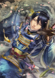Rule 34 | 10s, 1boy, artist name, black gloves, ecat, fish, from above, gloves, highres, japanese clothes, looking at viewer, male focus, mikazuki munechika, partially submerged, reaching, reaching towards viewer, sayagata, solo, touken ranbu, water