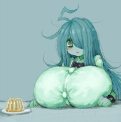 Rule 34 | 1girl, 2b-ge, ahoge, bags under eyes, black bow, black bowtie, bow, bowtie, breast rest, breasts, drooling, eyelashes, female focus, food, gelatin, green theme, grey background, hair over one eye, huge breasts, looking at food, mei (2b-ge), open mouth, original, school uniform, solo, spot color