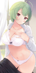 Rule 34 | 1girl, :s, ahoge, black skirt, blurry, blurry background, blush, bow, bow bra, bow panties, bra, breast suppress, breasts, commentary request, cowboy shot, curtains, dot nose, double-parted bangs, furrowed brow, green hair, groin, hand on own chest, head tilt, highres, indoors, komone ushio, large breasts, looking at viewer, navel, open clothes, open shirt, original, panties, purple eyes, rifa tellu anelethea, shirt, short hair, skindentation, skirt, solo, sweatdrop, underwear, undressing, white bra, white panties, white shirt, window