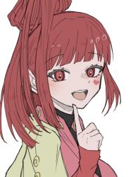 Rule 34 | 1girl, blunt bangs, earrings, gnosia, happy, heart, heart earrings, heart tattoo, high ponytail, highres, jewelry, long hair, long sleeves, looking at viewer, nail polish, open mouth, red eyes, red hair, simple background, smile, solo, sq (gnosia), tattoo, upper body, user wahs4747