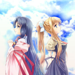 Rule 34 | 2girls, air (visual novel), arms behind back, back-to-back, black dress, blonde hair, blue eyes, blue hair, blue sky, bow, breasts, closed mouth, cloud, commentary request, dress, hair bow, kamio misuzu, kannabi no mikoto, long hair, medium breasts, multiple girls, outdoors, own hands together, ponytail, ribbon-trimmed sleeves, ribbon trim, sky, smile, upper body, white bow, wide sleeves, yuzuki karin
