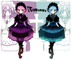 Rule 34 | 1boy, 1girl, black dress, black headwear, blue eyes, blue hair, bonnet, brother and sister, commentary request, cross, crossdressing, dorothy west, dress, enouchi ai, full body, gothic lolita, lolita fashion, long sleeves, looking at viewer, pink eyes, pink hair, pretty series, pripara, puffy sleeves, reona west, short hair, siblings, skirt hold, smile, standing, trap, twins, zoom layer