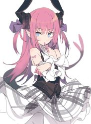 Rule 34 | 1girl, bare shoulders, black vest, blade (galaxist), blue eyes, cowboy shot, detached sleeves, elizabeth bathory (fate), elizabeth bathory (fate/extra ccc), elizabeth bathory (second ascension) (fate), fate/grand order, fate (series), finger in own mouth, frilled sleeves, frills, grey skirt, horn ornament, horns, long hair, looking at viewer, pink hair, simple background, skirt, solo, standing, tail, vest, white background