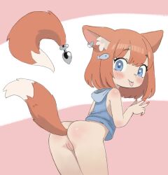 Rule 34 | anal, anal object insertion, anal tail, animal ear fluff, animal ears, ass, bare shoulders, blue eyes, blue shirt, blush, bottomless, butt plug, cleft of venus, closed mouth, cowboy shot, earclip, fake tail, fish hair ornament, fox ears, fox tail, from behind, hair ornament, highres, leaning forward, looking at viewer, looking back, nail polish, object insertion, orange hair, original, pussy, qtkat, red nails, shirt, sleeveless, sleeveless shirt, smile, tail, thighs, tongue, tongue out, uncensored