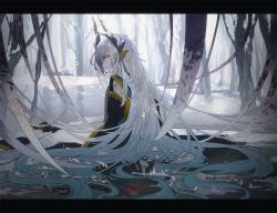 Rule 34 | absurdly long hair, aqua hair, barefoot, crying, crying with eyes open, dragon girl, dragon horns, fate/grand order, fate (series), horns, japanese clothes, kiyohime (fate), kiyohime (third ascension) (fate), letterboxed, long hair, multicolored hair, outdoors, red eyes, sitting, snake, snow, snowing, solo, tagme, tears, very long hair, white hair, ysk (yusuke)