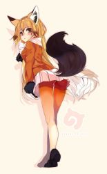 Rule 34 | 10s, 1girl, animal ears, ass, bad id, bad pixiv id, black footwear, black gloves, blonde hair, blush, breasts, copyright name, ezo red fox (kemono friends), fox ears, fox tail, from behind, full body, fur trim, gloves, hair between eyes, highres, jacket, japari symbol, kemono friends, long hair, long sleeves, looking at viewer, md5 mismatch, medium breasts, multicolored hair, orange pantyhose, pantyhose, pleated skirt, shirokitsune, shoes, skirt, solo, standing, tail, white skirt