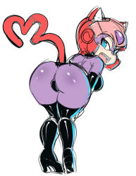Rule 34 | 1990s (style), 1girl, animal ears, ass, bare back, bare shoulders, bent over, black gloves, black panties, black thighhighs, blue eyes, blush, boots, breasts, cat ears, cat tail, colored skin, elbow gloves, from behind, gloves, hands on own knees, heart, heart tail, helmet, high heels, kyatto ninden teyandee, maniacpaint, panties, pantyshot, purple skin, pururun (kyatto ninden teyandee), retro artstyle, shoes, solo, tail, thigh boots, thighhighs, underwear, upskirt