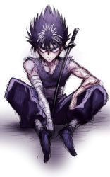 Rule 34 | 1boy, bandaged arm, bandages, black hair, closed mouth, headband, hiei, looking at viewer, male focus, sawao, simple background, solo, spiked hair, sword, weapon, white background, yuu yuu hakusho