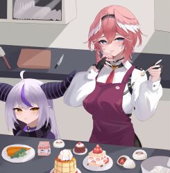Rule 34 | 2girls, absurdres, ahoge, apron, blue eyes, bowl, breasts, broccoli, cake, carrot, coat, collar, commentary, counter, cutting board, demon girl, dessert, english commentary, food, fruit, gloves, grey hair, head wings, highres, holding, holding spoon, hololive, horns, ice cream, kfsocks, kitchen, kitchen knife, la+ darknesss, large breasts, long sleeves, milk carton, mixer (cooking), multicolored hair, multiple girls, pancake, pancake stack, pink hair, plate, purple coat, purple hair, red apron, shirt, short hair, slit pupils, spatula, spoon, strawberry, streaked hair, sweatdrop, takane lui, tsukune (takane lui), tsumire (takane lui), virtual youtuber, white shirt, wings, yellow eyes