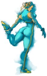 Rule 34 | 1girl, ass, bodysuit, bracelet, brown hair, capcom, chinese clothes, chun-li, double bun, hair ribbon, jewelry, ribbon, skin tight, solo, spandex, spiked bracelet, spikes, street fighter, thighs