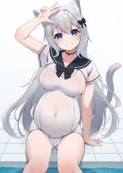 Rule 34 | 1girl, absurdres, animal ears, big belly, black bow, black sailor collar, blue eyes, bow, breasts, cat ears, cat tail, closed mouth, covered navel, gluteal fold, grey hair, hair bow, highres, hinata (user rjkt4745), large breasts, long hair, looking at viewer, navel, one-piece swimsuit, original, pool, pregnant, sailor collar, sitting, smile, solo, swimsuit, tail, water, white one-piece swimsuit