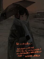 Rule 34 | 1girl, absurdres, as4kla, black eyes, black gloves, black hair, city, closed mouth, coat, commentary request, commission, cowboy shot, earmuffs, gloves, grey coat, grey theme, highres, holding, holding umbrella, light blush, muted color, original, outdoors, road, scarf, second-party source, snow, solo, translation request, umbrella, white scarf, winter clothes