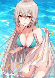 Rule 34 | 1girl, :d, bare arms, bare shoulders, bikini, black choker, blue bikini, blush, breasts, brown hair, choker, cleavage, collarbone, commentary request, day, front-tie bikini top, front-tie top, groin, hair between eyes, highres, kinona, large breasts, leaning forward, long hair, looking at viewer, navel, open mouth, original, outdoors, red eyes, see-through, smile, solo, standing, string bikini, swimsuit, very long hair, wading, water