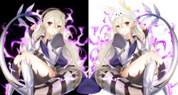Rule 34 | 2girls, animal ears, armor, aura, black background, black hairband, black vs white, closed mouth, corrin (female) (fire emblem), corrin (fire emblem), dark aura, dragon tail, dual persona, fake animal ears, fire emblem, fire emblem fates, fire emblem heroes, hairband, heart, heart-shaped pupils, long hair, multiple girls, nintendo, parted lips, pointy ears, rabbit ears, red eyes, rojiura-cat, simple background, sitting, smile, symbol-shaped pupils, tail, torn clothes, white background, white hair
