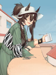 Rule 34 | 1girl, :d, ^ ^, absurdres, alcohol, animal ears, arknights, black choker, black hair, black shirt, blue sky, building, choker, closed eyes, cloud, coat, commentary request, day, ears through headwear, green coat, highres, holding, horse ears, long sleeves, meteor (arknights), meteor (bard&#039;s holiday) (arknights), official alternate costume, open mouth, ponytail, shirt, signal 1120, sky, smile, solo, whiskey, white headwear, window