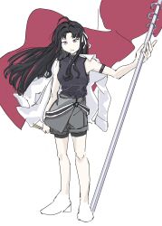 Rule 34 | 1girl, arm strap, awa subaru, bare arms, black hair, black shirt, black shorts, closed mouth, commentary, drumsticks, flag, full body, girls band cry, hair ribbon, hashtag-only commentary, highres, holding, holding drumsticks, holding flag, long hair, looking at viewer, odore (suzukisakana001), purple eyes, red flag, ribbon, shirt, shorts, simple background, sleeveless, sleeveless shirt, smile, solo, white background, white ribbon