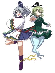 Rule 34 | 2girls, black headwear, black skirt, bright pupils, commentary request, dress, full body, ghost tail, green dress, green eyes, green hair, grey eyes, grey hair, hands in opposite sleeves, hat, highres, hoshii 1213, long sleeves, looking at viewer, mononobe no futo, multiple girls, ofuda, ofuda on clothes, ponytail, ribbon-trimmed sleeves, ribbon trim, shirt, short hair, simple background, skirt, soga no tojiko, standing, standing on one leg, tate eboshi, touhou, white pupils, white shirt, wide sleeves