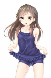 Rule 34 | 1girl, arashio (kancolle), brown eyes, brown hair, clothes lift, cowboy shot, frills, gotou hisashi, kantai collection, lifted by self, long hair, looking at viewer, nontraditional school swimsuit, one-piece swimsuit, open mouth, school swimsuit, simple background, skirt, skirt lift, smile, solo, standing, swimsuit, swimsuit lift, white background