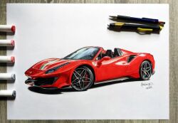 Rule 34 | anthony-c, art tools in frame, artist name, border, car, commentary, commission, convertible, dated, english commentary, ferrari, ferrari 488, ferrari 488 pista, from side, marker (medium), motor vehicle, no humans, original, photo (medium), sports car, traditional media, vehicle focus, white border